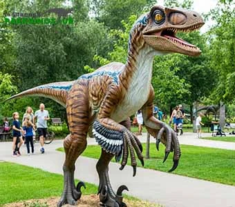 Realistic Feathered Velociraptor Dinosaur Statue